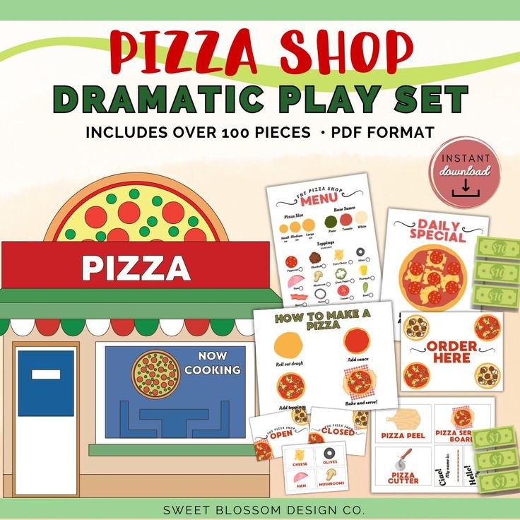 the pizza shop dramatic play set includes over 100 pieces of formats to make it fun