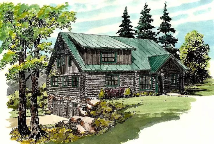 this is an artist's rendering of a log cabin house in the country side