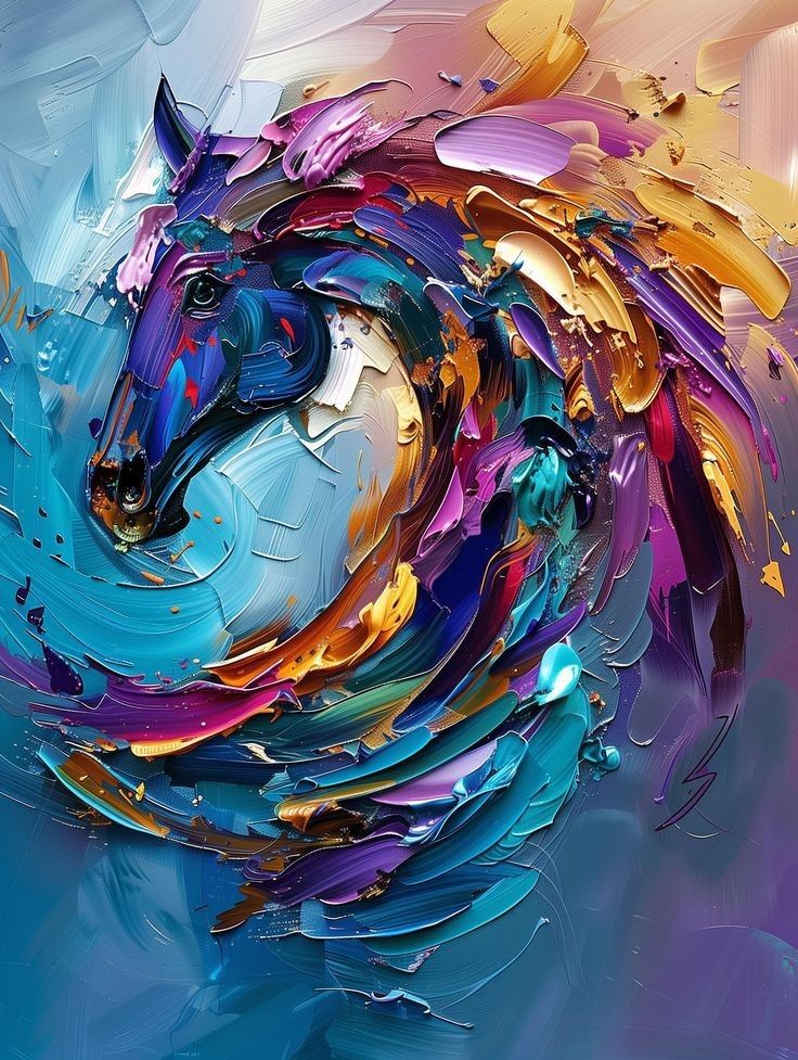 an abstract painting of a horse's head in blue, yellow and pink colors