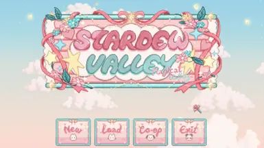 the game title screen for stardew valley, which features pink and blue graphics