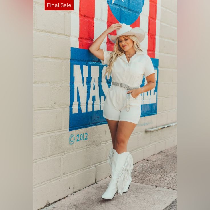 New With Tags! Size Medium White Denim Romper. Has Rhinestones In The Back. This Is The Jessie Crystal Fringe Romper In White. Romper With Cowboy Boots, Bride Romper, White Denim Romper, White Leather Skirt, Fringe Romper, Denim Rhinestone, Black Romper Shorts, Fancy Fits, Buddy Love