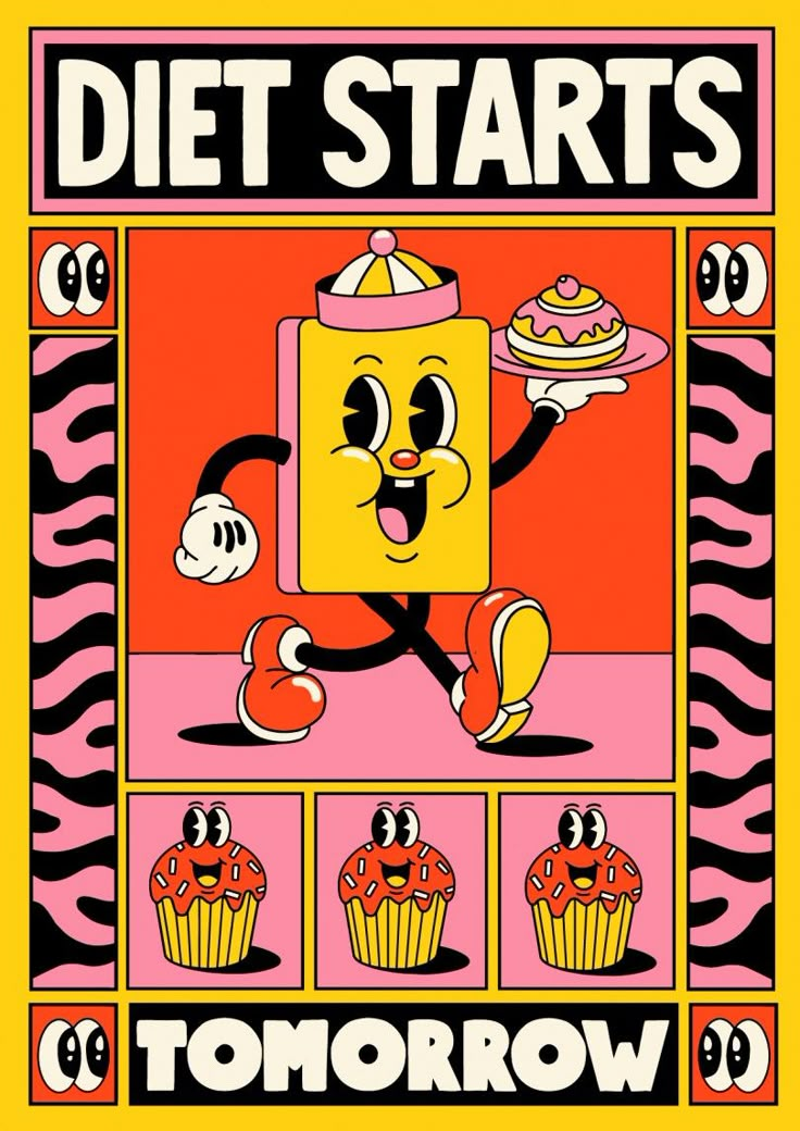 a poster with an image of a cartoon character running through the air and holding a cupcake