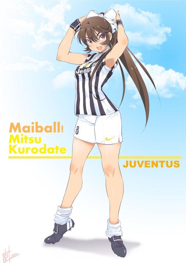 an anime character with long hair holding a soccer ball in one hand and her other hand behind her head