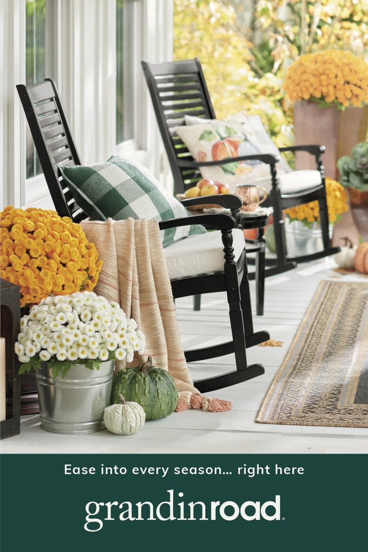 the front porch with rocking chairs and flowers on it, reads ease into every season right here