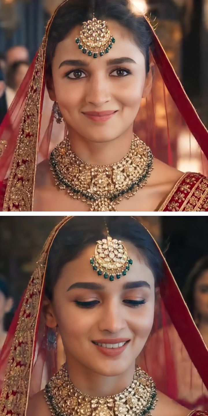 two pictures of a woman wearing gold jewelry and red sari, with the same image in