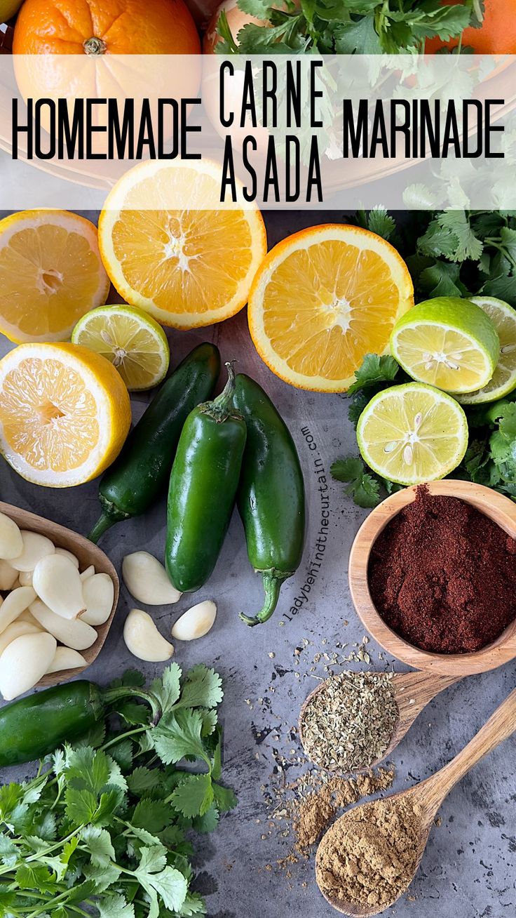 the ingredients to make homemade carne marinade are displayed