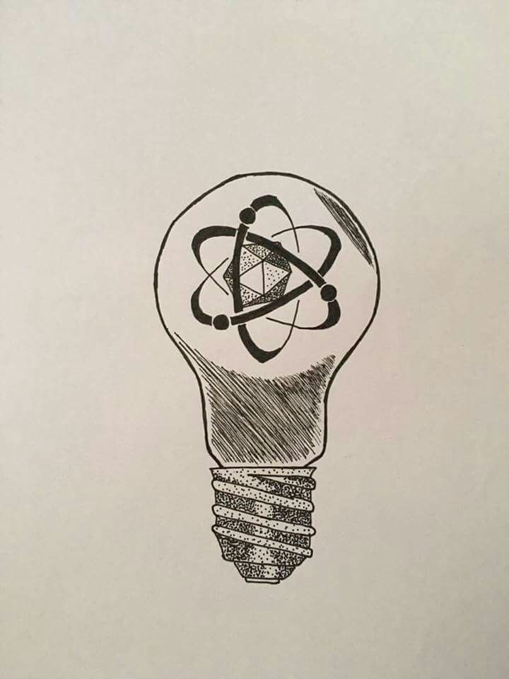 a drawing of a light bulb with an atomic symbol in it