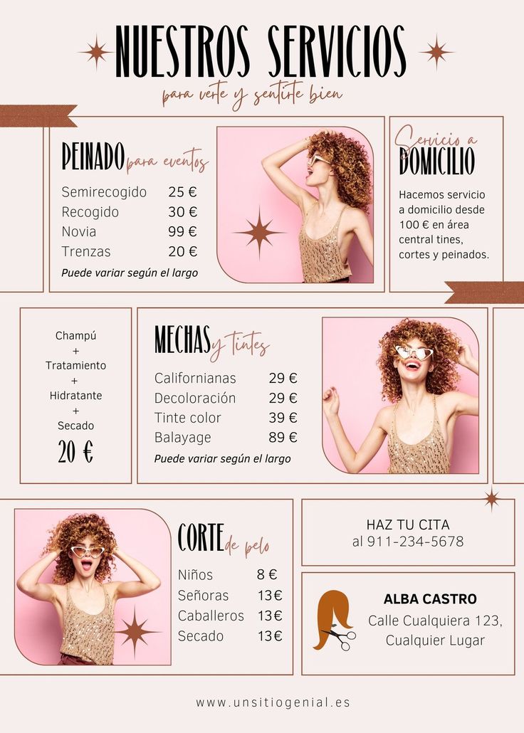 a flyer for a hair salon with different types of curly hair and the words nuestros services on it