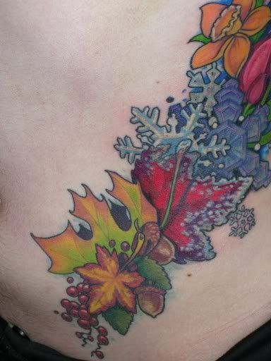 a woman's stomach with flowers and leaves on it