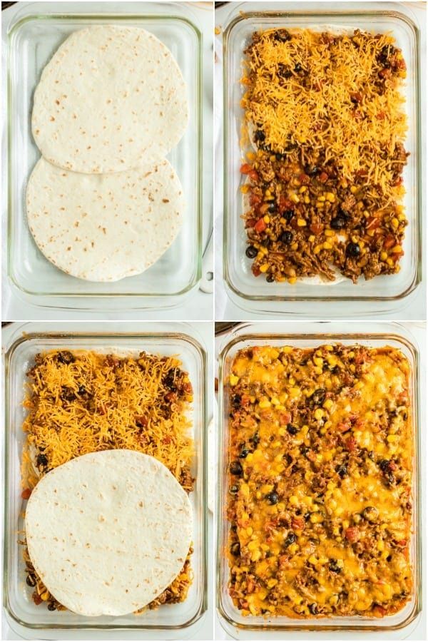 four images showing the steps to make mexican rice and tortilla casserole