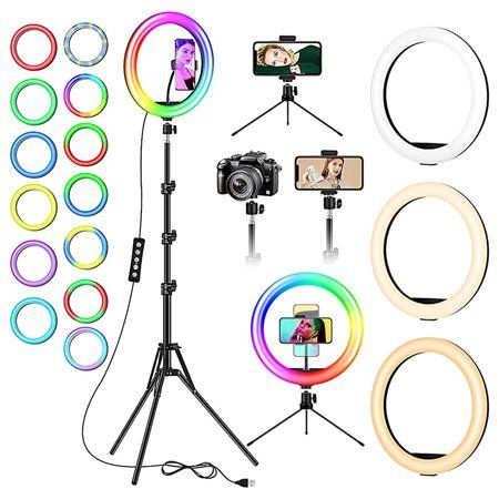 an assortment of photography equipment including camera, flash light and tripod with multiple colors