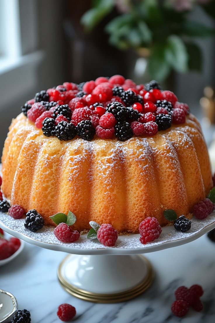 a cake with berries and raspberries on top