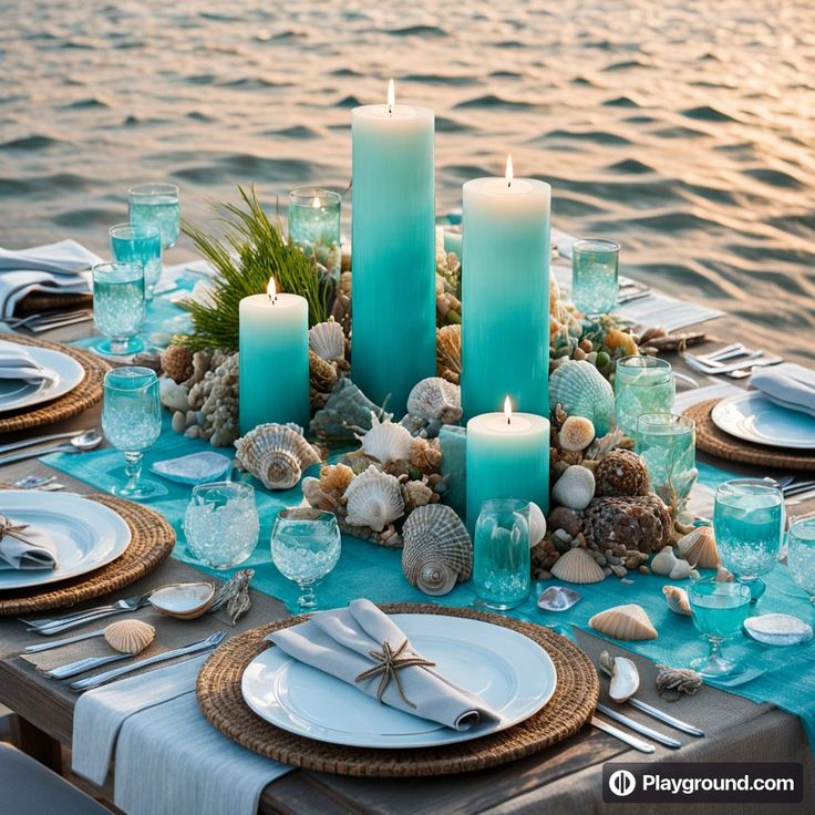 the table is set with blue candles and seashells for an ocean themed dinner