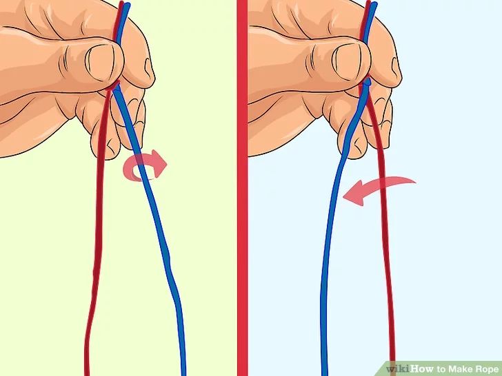 two hands holding blue wires and pulling them apart from each other with the ends pointing upward