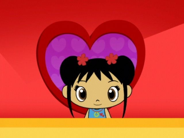 a cartoon girl with black hair standing in front of a heart