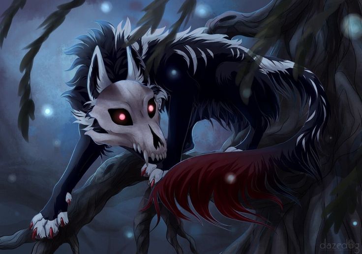 a wolf with red eyes is sitting on a tree branch in the dark night time