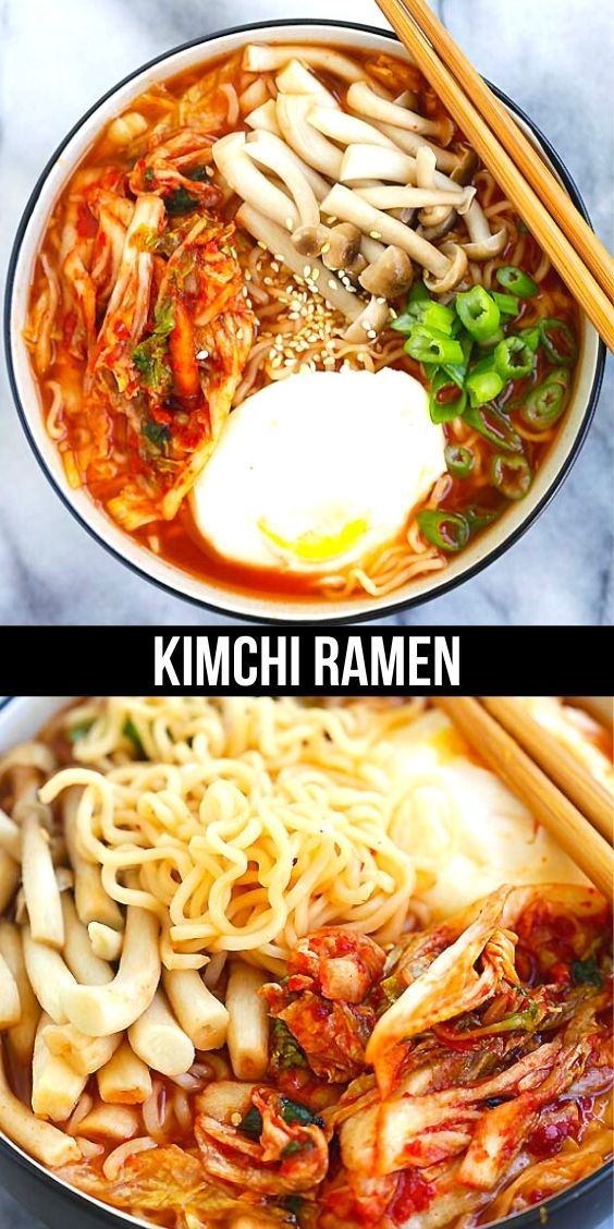 two pictures showing different types of ramen in various bowls with chopsticks on the side