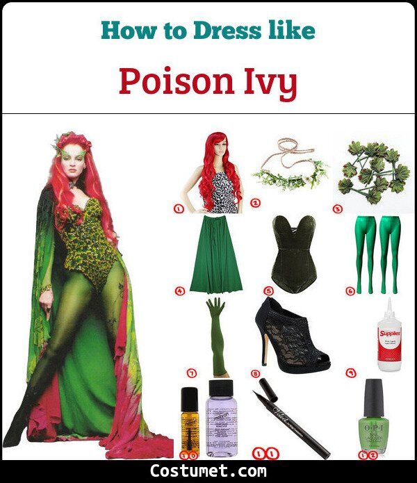 an image of a woman dressed up in green and red with text that reads, how to dress like poison ivy