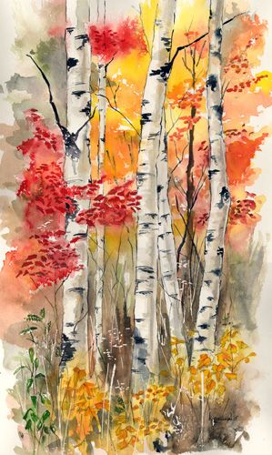 watercolor painting of trees with autumn leaves