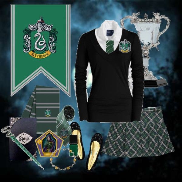 the hogwarts costume is shown with accessories and items for harry potter's house