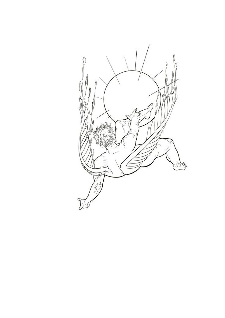 a black and white drawing of a man flying through the air with an angel on his back