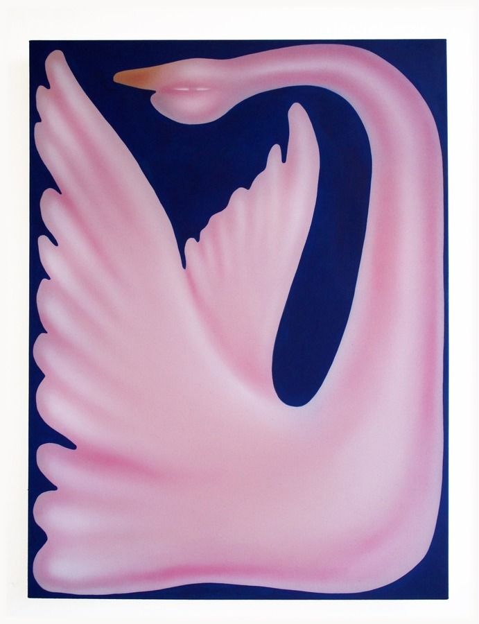 a painting of a pink swan on a blue background