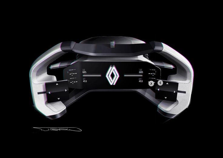 a futuristic video game controller in black and white with an arrow symbol on the side