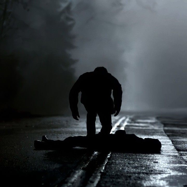 a man standing on the side of a road in the dark