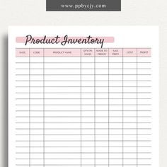 a printable product inventory sheet with the words product inventory written in pink on it