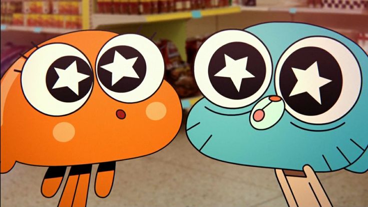 two cartoon characters standing next to each other in front of a store window with stars on their eyes