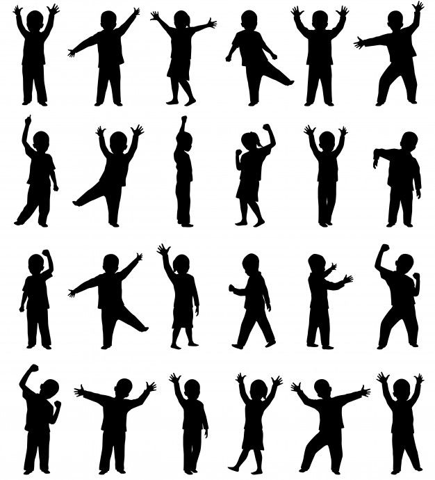 silhouettes of children dancing and jumping in different poses, all with their arms up