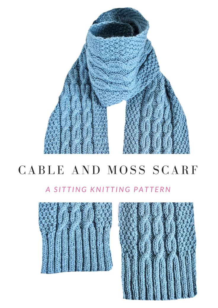 cable and moss scarf knitting pattern on white background with text that reads cable and moss scarf