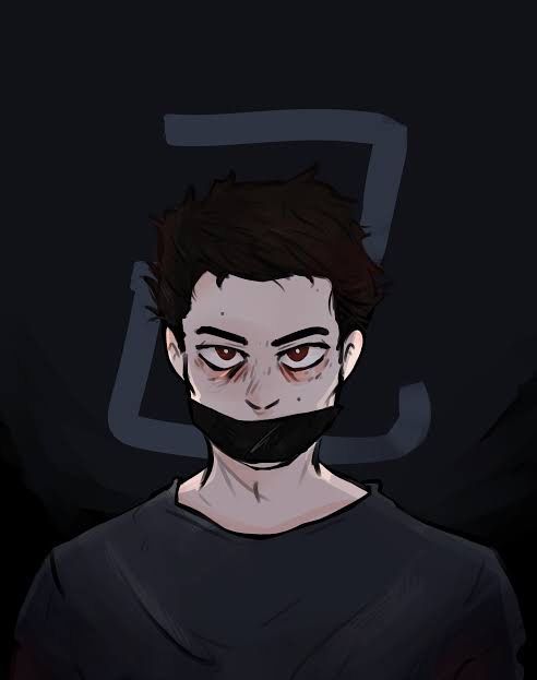 a drawing of a man with a black mask on his face and dark hair, wearing a black t - shirt