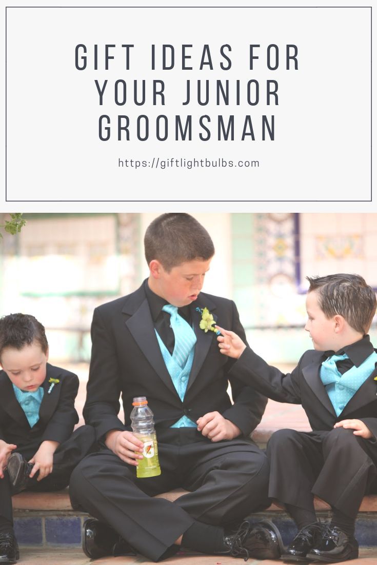 three young boys in suits and ties sitting on a bench with the text gift ideas for your junior groomsman