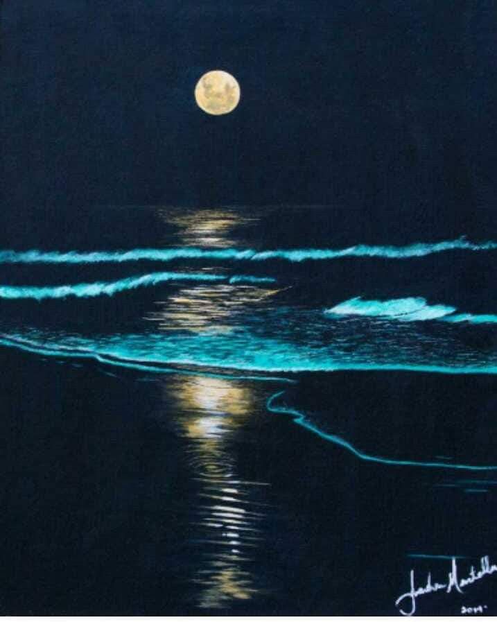 a painting of a full moon over the ocean at night with waves coming in to shore