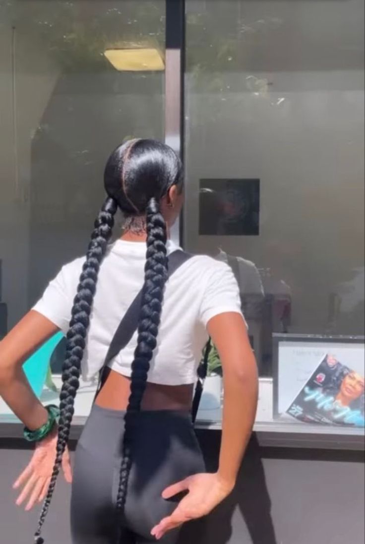 2 Slick Ponytail Braids, 2 Long Slick Back Braids, 4 Braids Into 2 Ponytails, 2 Ponytails With 2 Braids, 2 Long Braided Ponytails, 2 Slick Braided Ponytails, 2 Low Braids With Weave, Middle Part Two Braided Ponytails, 2braided Ponytail