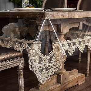 the table is covered with white lace