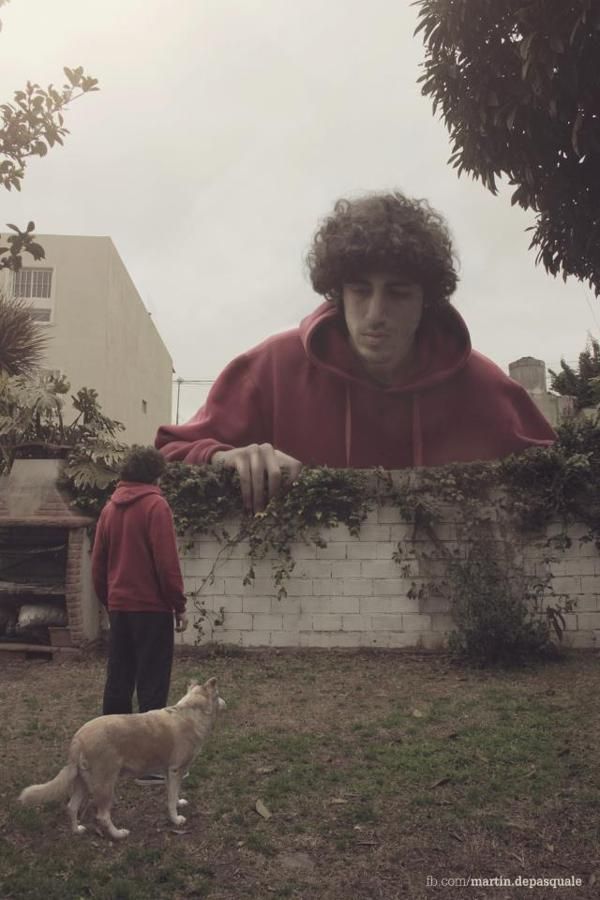 a man standing next to a dog on top of a grass covered field near a brick wall