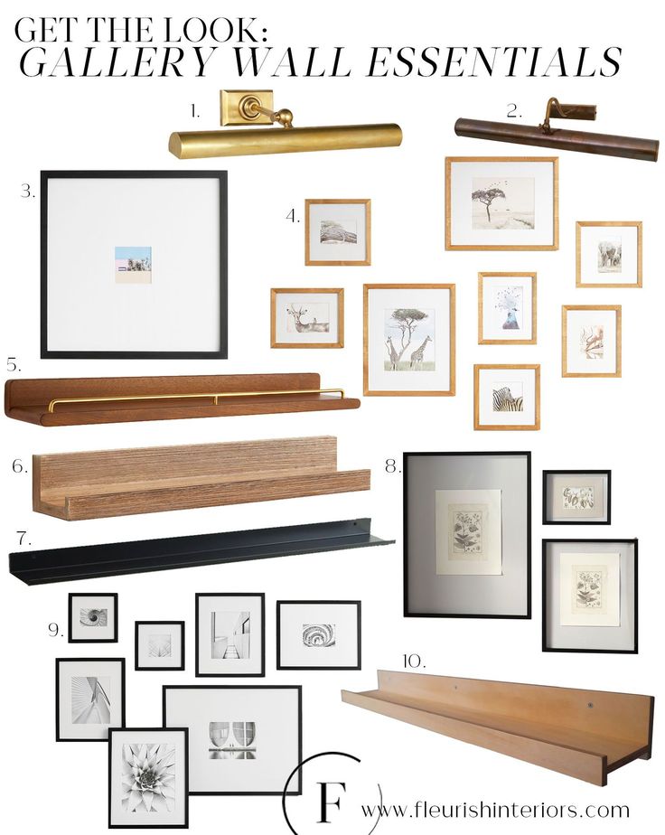 an assortment of framed and unframeed art pieces with text overlay that reads get the look gallery wall essentials