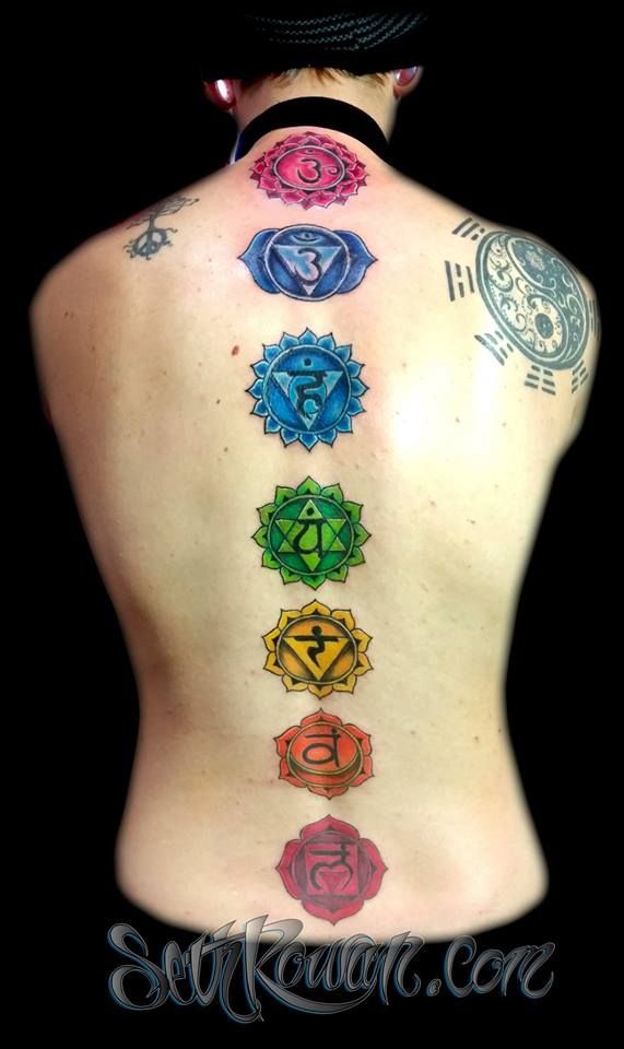 the back of a woman's body with seven chakras on it