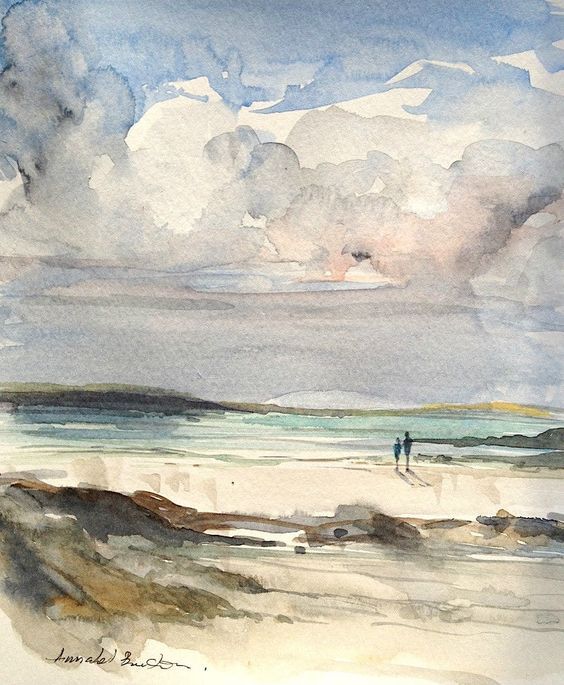 a watercolor painting of two people walking on the beach under an overcast sky