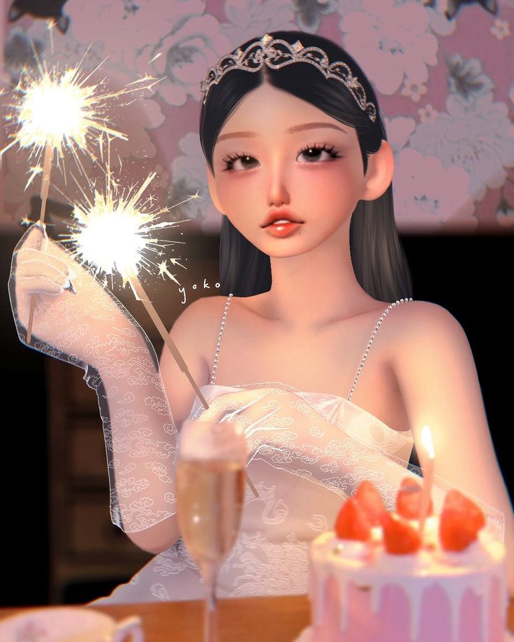 a woman in a white dress holding a sparkler next to a cake with strawberries on it