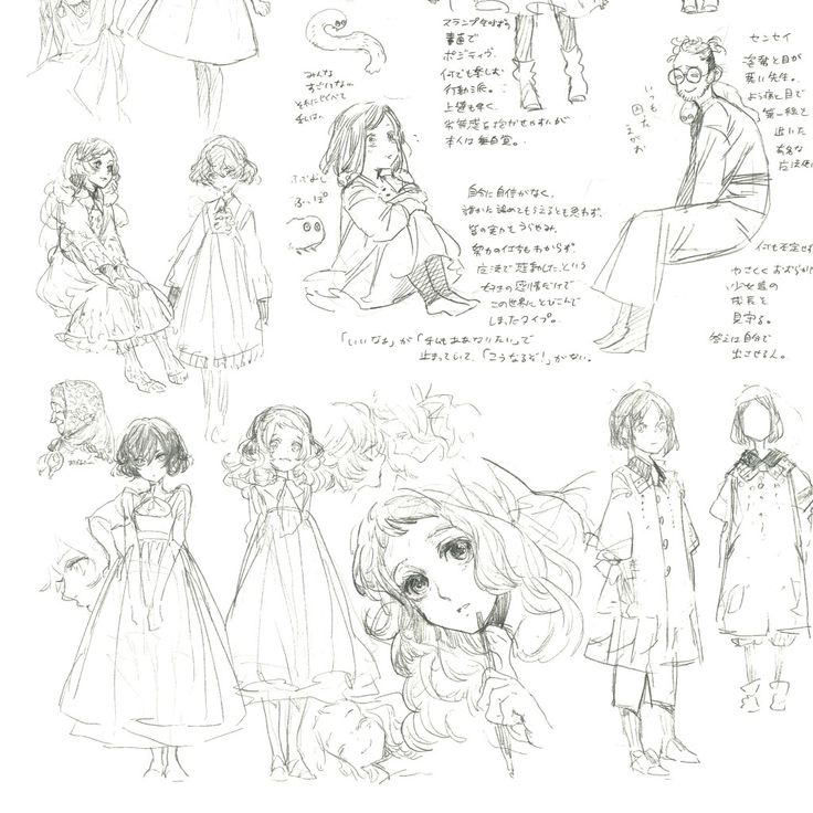 some sketches from an anime character's storybook, with characters in the background