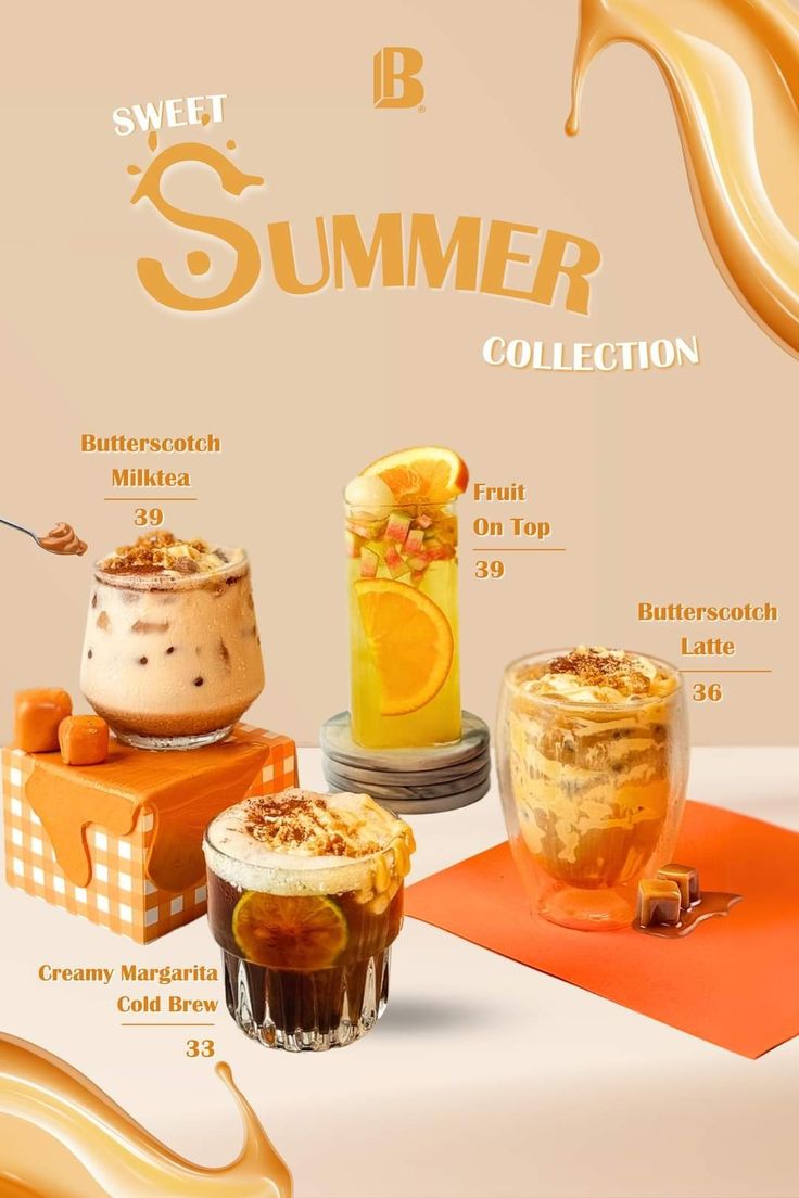 an advertisement for sweet summer collection with various drinks in glasses and oranges on the table