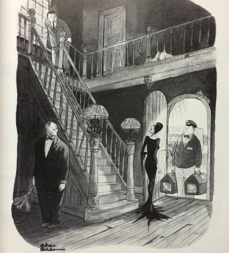 a drawing of two people standing in front of a staircase with an open door to another room