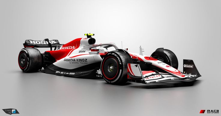 a red and white race car on a gray background