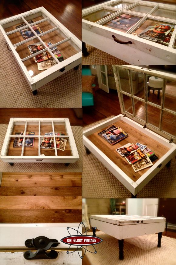 an old window turned into a coffee table with magazine pages on the top and bottom