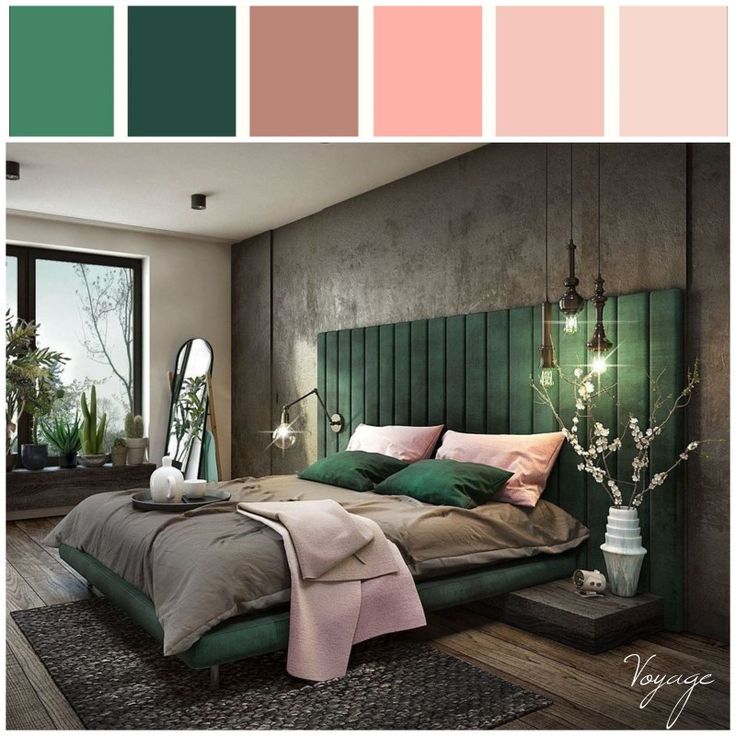 a bed room with a neatly made bed and lots of color swatches on the walls