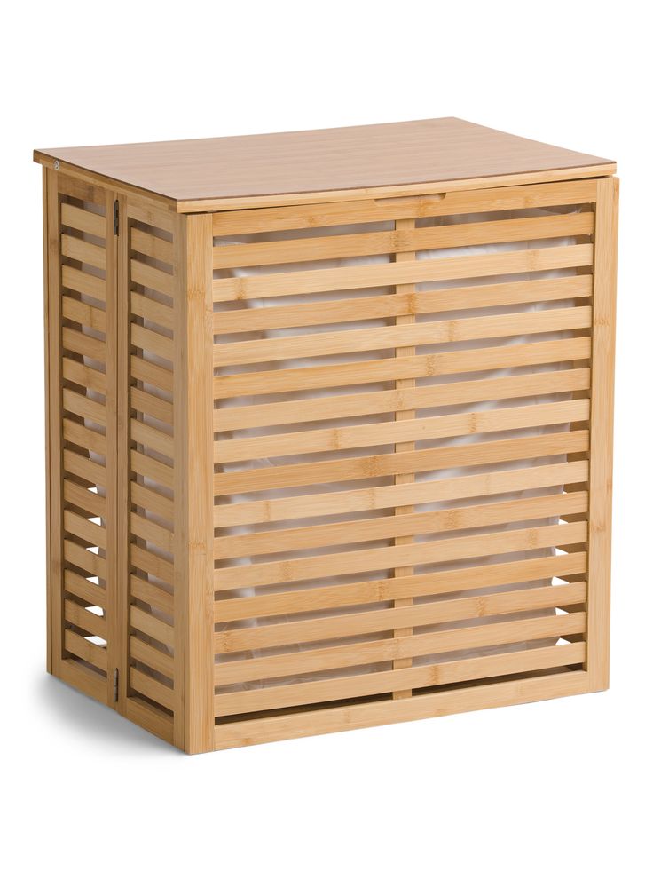 a wooden storage box with slats on the front and sides, made out of wood