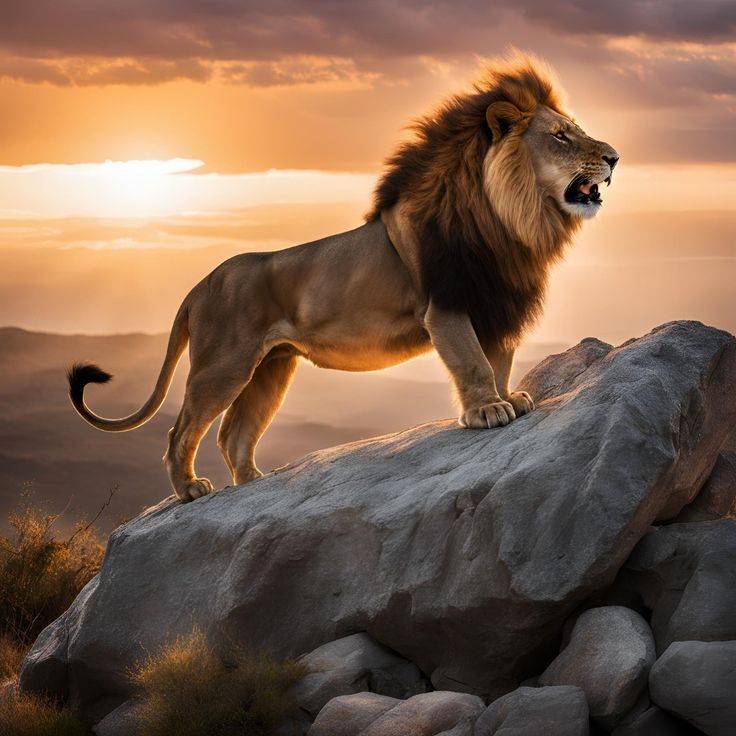 a lion standing on top of a rock in the middle of a desert area at sunset